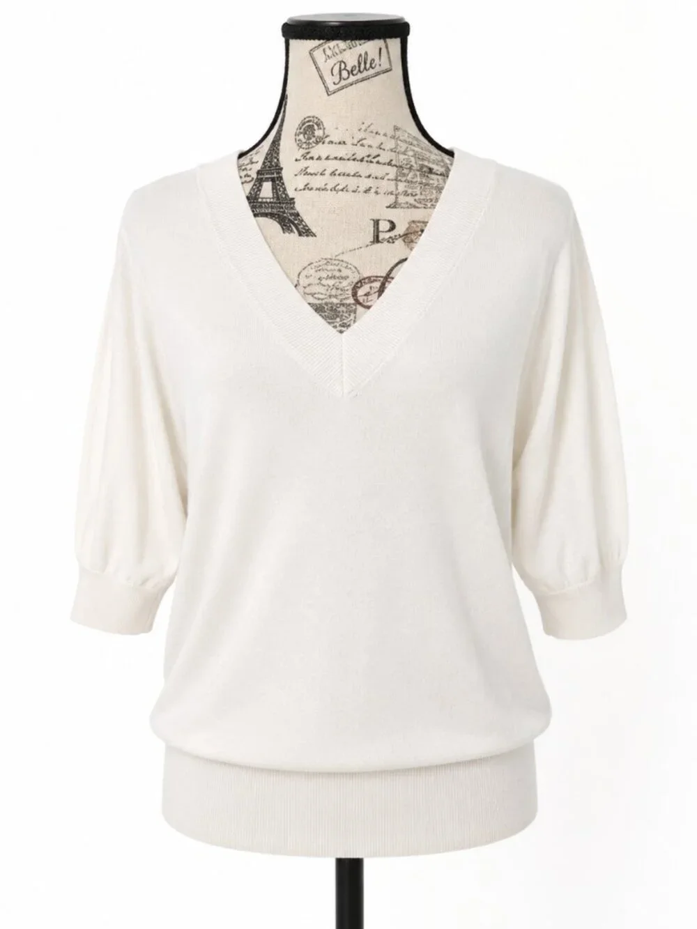 DKNY Cream V-Neck Dolman Sleeve Knit Top Soft Minimalist Luxe Blouse - Size M